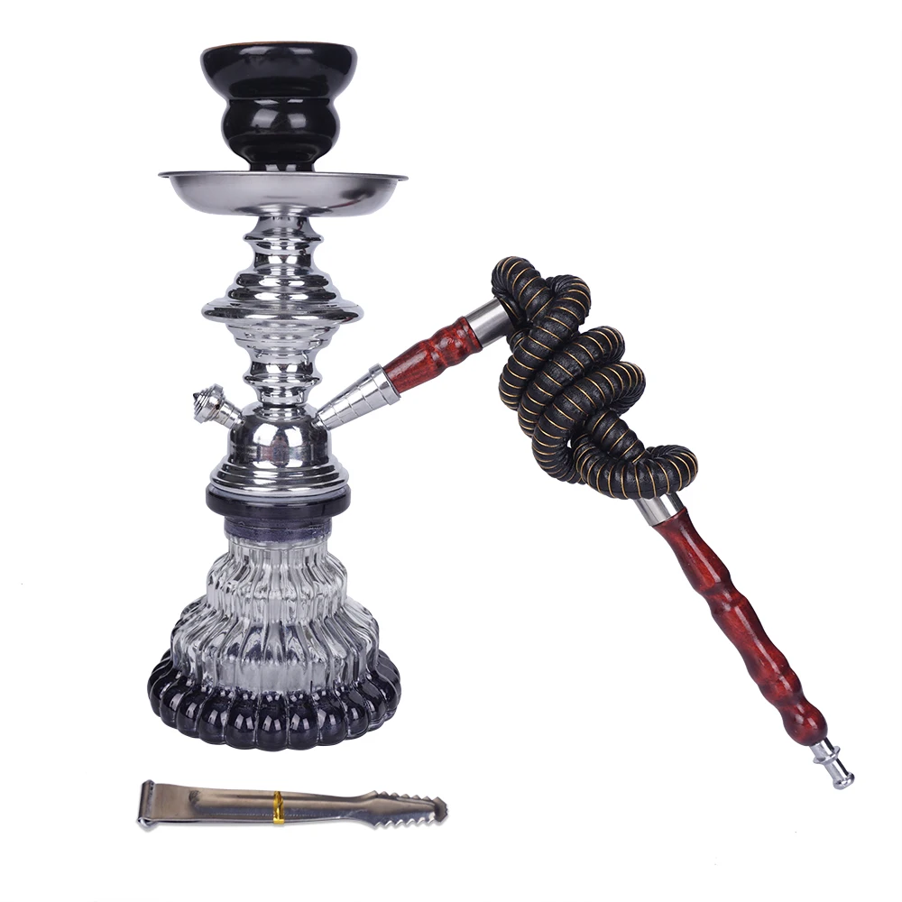 

Portable Black Shisha Pipe Glass Base Hookah set with Ceramic Bowl Synthetic Leather Hose Metal Charcoal Tongs Chicha Narguile