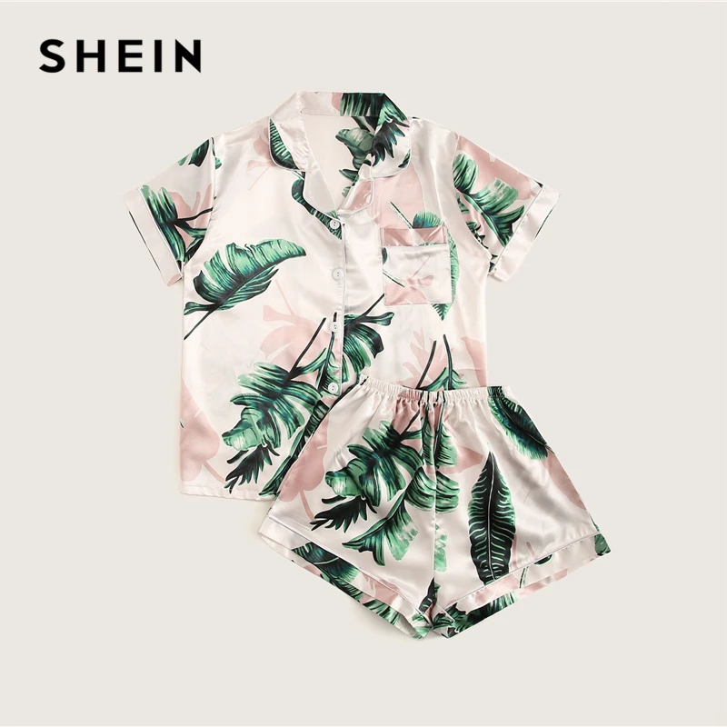 SHEIN, Атласный пижамный комплект с тропическим принтом, повседневная одежда для сна, комплекты с шортами, короткий рукав, карман, женский летний пижамный комплект