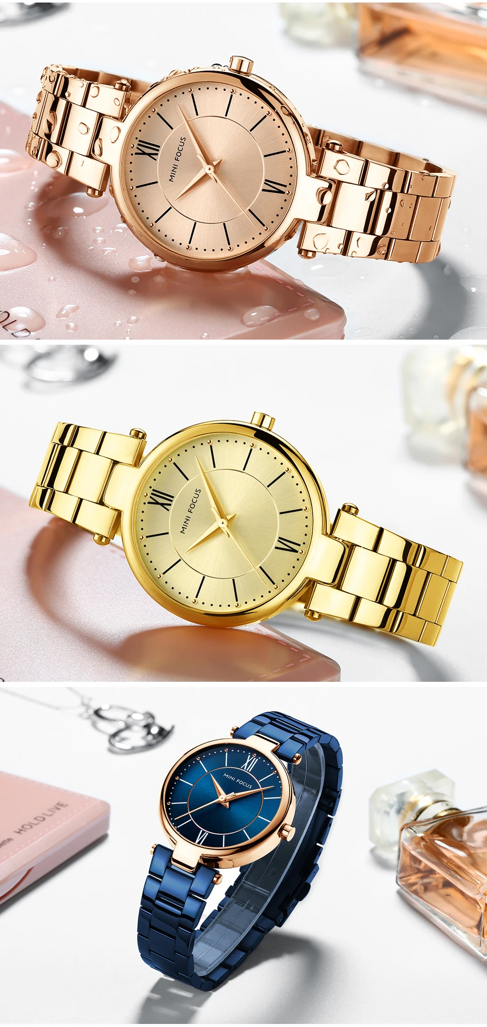 Мини фокус лаконичный бизнес Кварцевые женские часы синий ремешок из нержавеющей стали RG руки модные роскошные женские наручные часы подарок для девочки