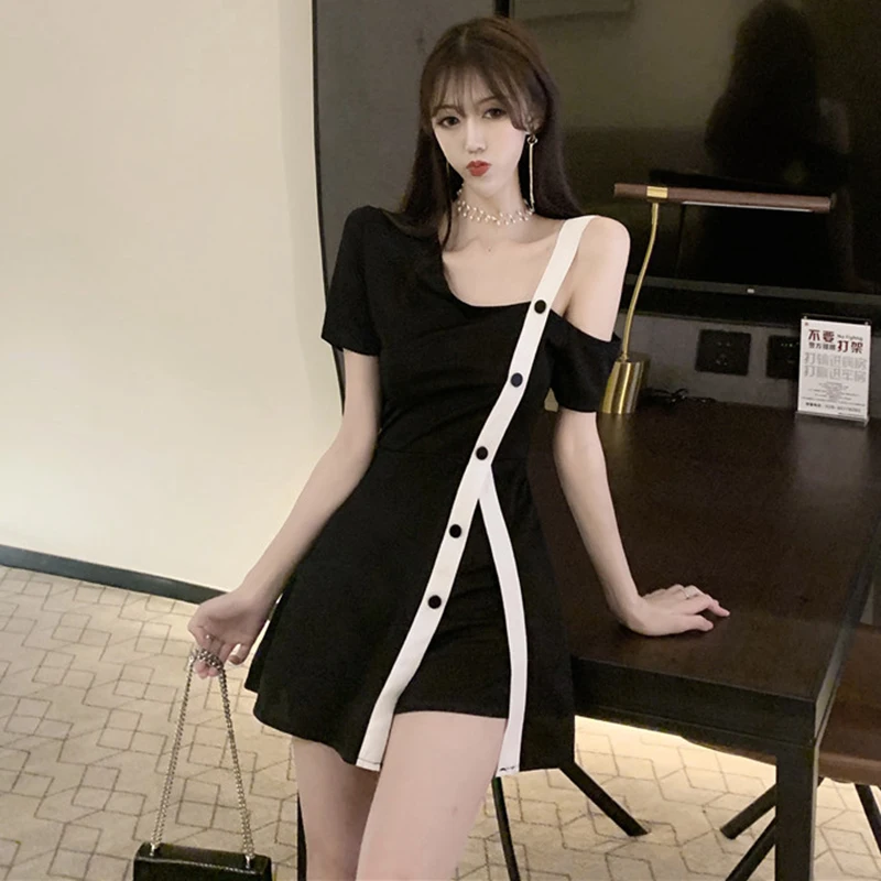 

Korean women two piece outfits summer style black off shoulder t shirts High waist short pants moda feminina Women's Sets new