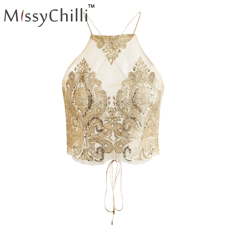 MissyChilli, сексуальный осенний сетчатый топ на бретелях, с открытыми плечами, бронзовые короткие женские топы, с открытой спиной, с цветочной вышивкой, золотистые укороченные топы