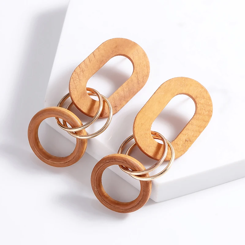 

New Brown Wood Earrings Boho Drop Earrings For Women Geometric Circle/Oval Statement Earrings Trendy Jewelry aretes mujer 2019