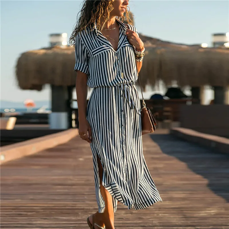 

2019 Turn Down Collar Office Ladies Stripe Shirt Dress Long Chiffon Beach Dress Casual Long Sleeve Elegant Party Dress Vestidos