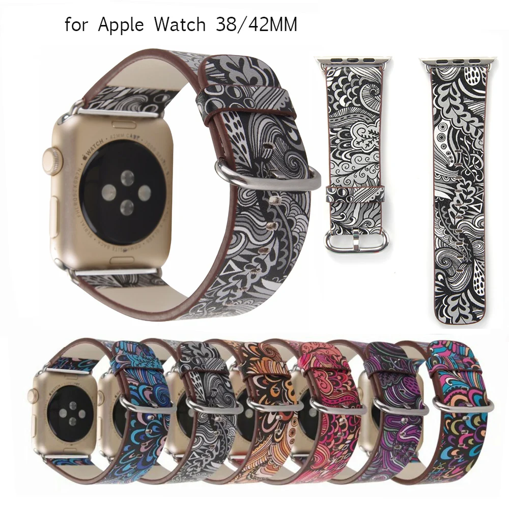  National style Floral Printed Leather Watch Strap for Apple Watch Flower Design Wrist Watch Bracelet for iwatch 40/44/38/42MM