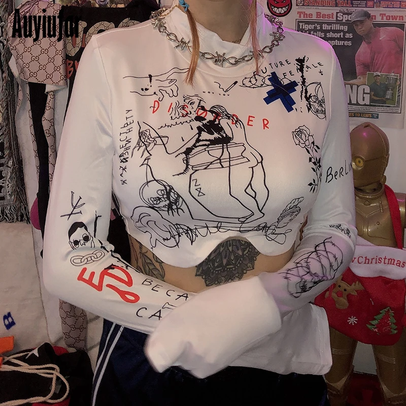 

Auyiufar Turtleneck Print Female Short T-shirts Fashion Long Sleeve With Print Tops For Women 2019 Autumn New