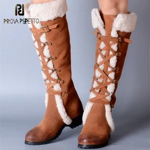 Prova Perfetto зимние сапоги из натуральной овечьей кожи с мехом, с перекрестной шнуровкой, узкими лентами, Элегантные зимние сапоги до колена на среднем каблуке