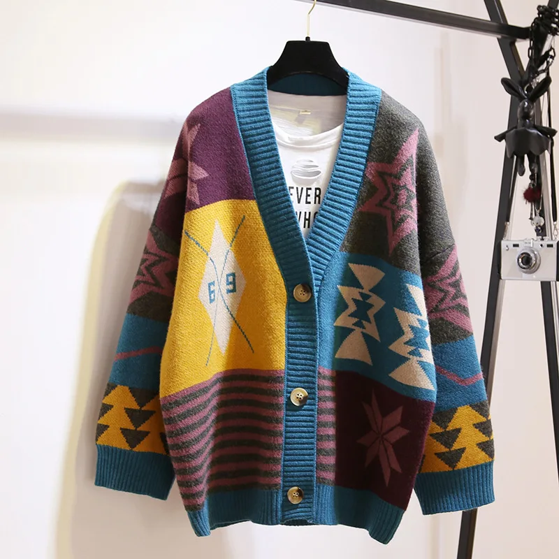 OMCHION Casaco Feminino зимнее пальто для женщин с v-образным вырезом корейский Свободный толстый вязаный кардиган геометрический винтажный свитер куртка LP187