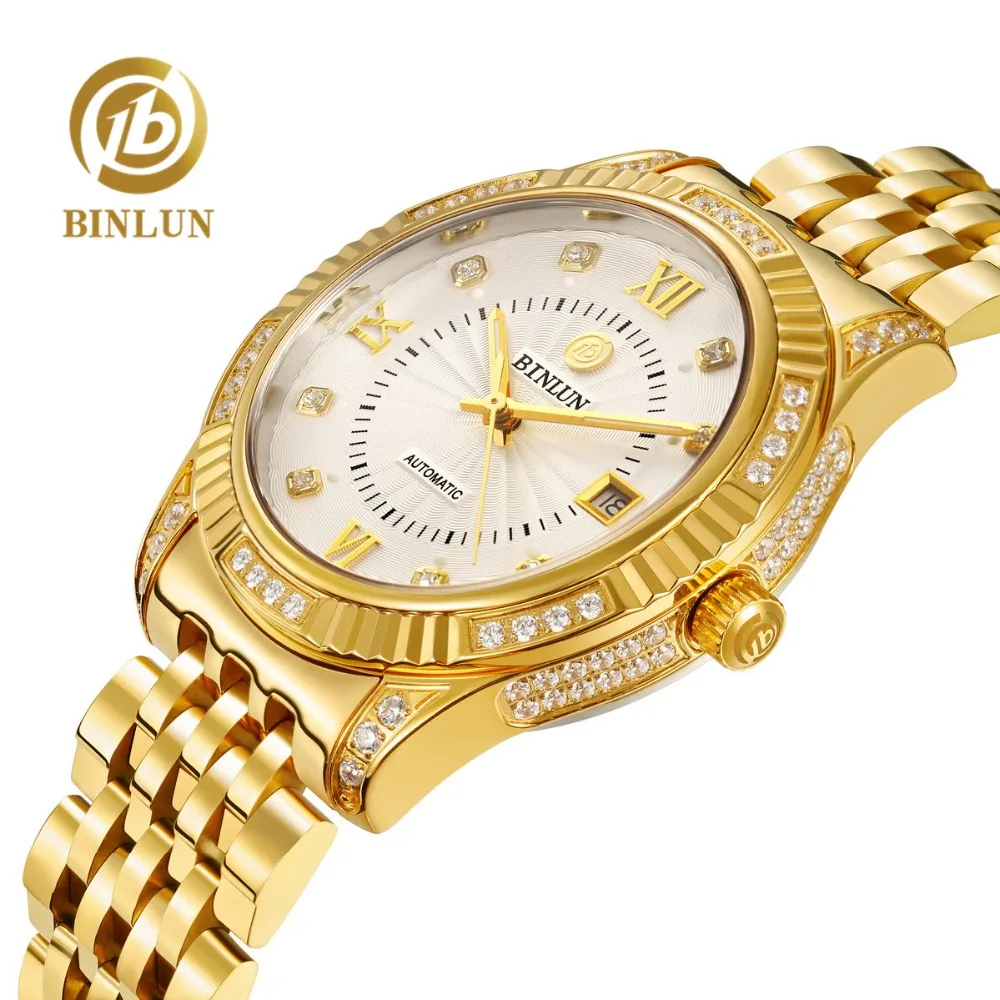 

BINLUN Men's Automatic 18K Gold Watch Classic Golden Case Diamond Dial Luxury Men's Mechanical Watch Waterproof Business Watches