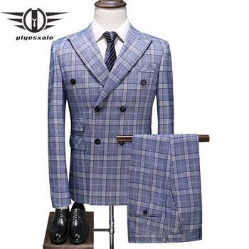 

Slim Fit Plaid Suit Men 2019 New Plus Size Groom Wedding Tuxedo 3 Pieces Costume Mariage Homme Mens Suits Double Breasted Q704