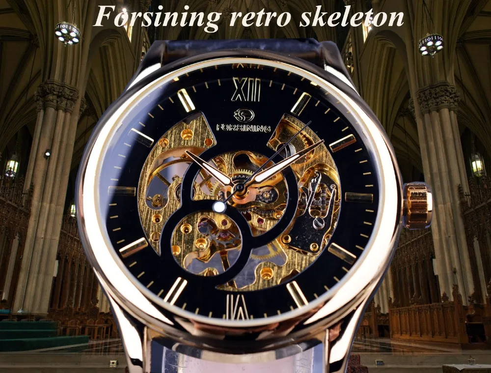 Forsining 2 маленький циферблат украшения роскошные золотые часы для мужчин механический кожаный ремешок мужской топ бренд часы мужские