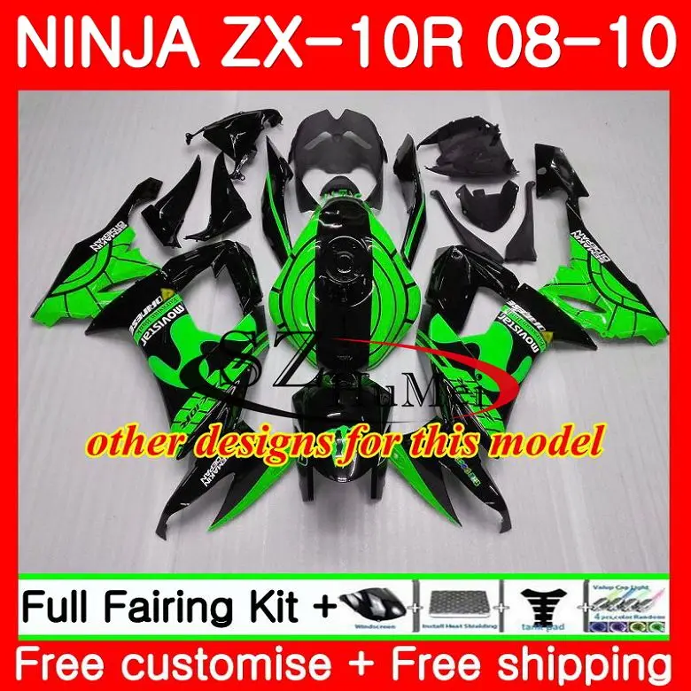 Кузов для KAWASAKI NINJA ZX 10 Цвета: зеленый, черный R ZX10R ZX1000C 18SH13 ZX 10R 08 09 10 ZX1000 ZX-10R 2008 2009 2010 обтекатели комплект