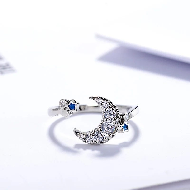 925 пробы Серебряное кольцо Амулеты с голубой звездой Луна Кристалл Открытое кольцо для женщин ювелирные изделия