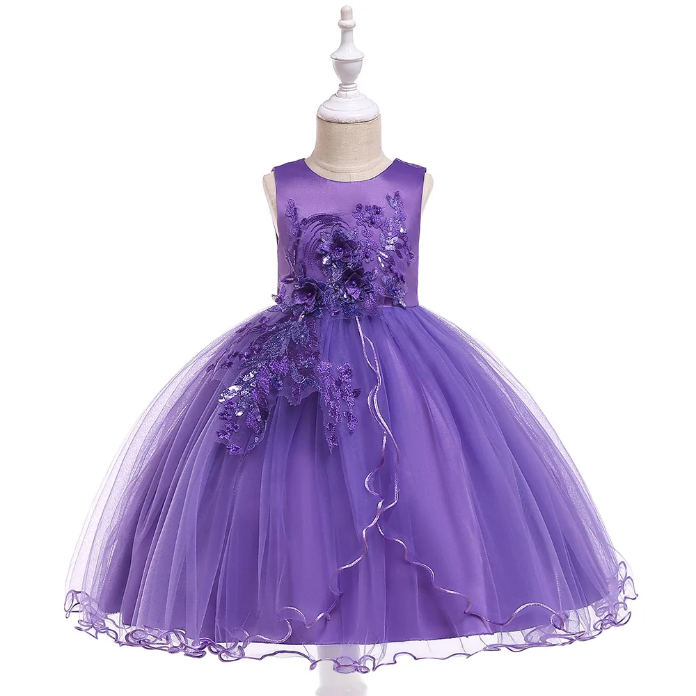 Темно-фиолетовый для девочек в цветочек платья для свадьбы тюль-линии Первое Причастие Платья Аппликации Детский фартук для Вечеринка