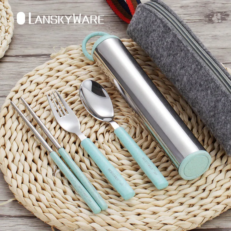 

LANSKYWARE Creative 304 Stainless Steel Tableware Set With Wheat Straw Travel Dinnerware Portable Cutlery Container Dinner Set