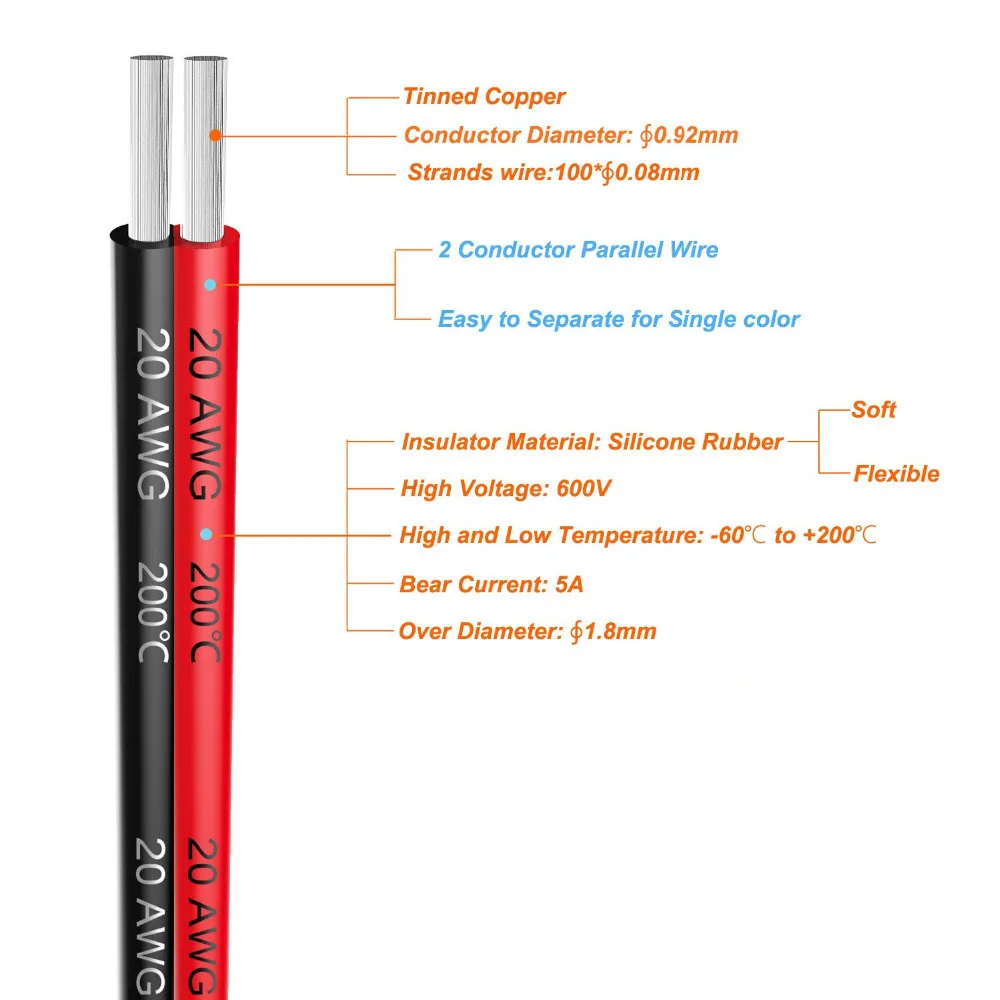 2pin удлинитель 20awg Электрический провод с силиконовой оплеткой черный и красный 2 проводника параллельная линия мягкая гибкая длина для вас на выбор