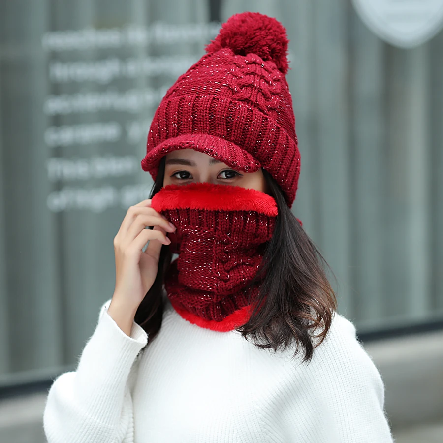 Зимние утолщенные теплые наборы шарф шапка для женщин Твердые Леди помпон винтажные вязаные уличные бейсболки женские кольца шарфы