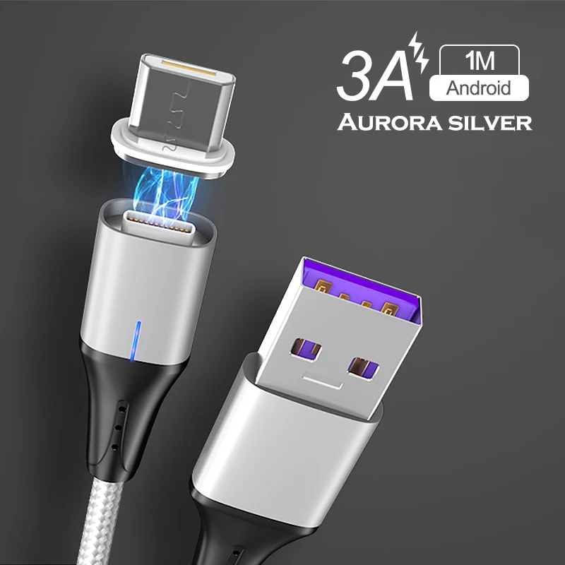 QC 3,0 Магнитный USB кабель 3A Магнитный зарядный кабель передачи данных для быстрой зарядки type C Micro USB C кабель для iPhone samsung Xiaomi huawei - Цвет: 3A Silver For Micro