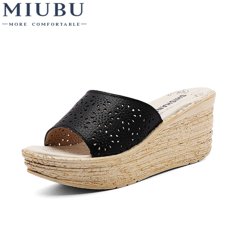 

MIUBU Women Mules Clog Shoes Leather Slip on Peep Toe Ladies Cork Wedge Sandals Female Platform Sandals Shoes Flats Summer