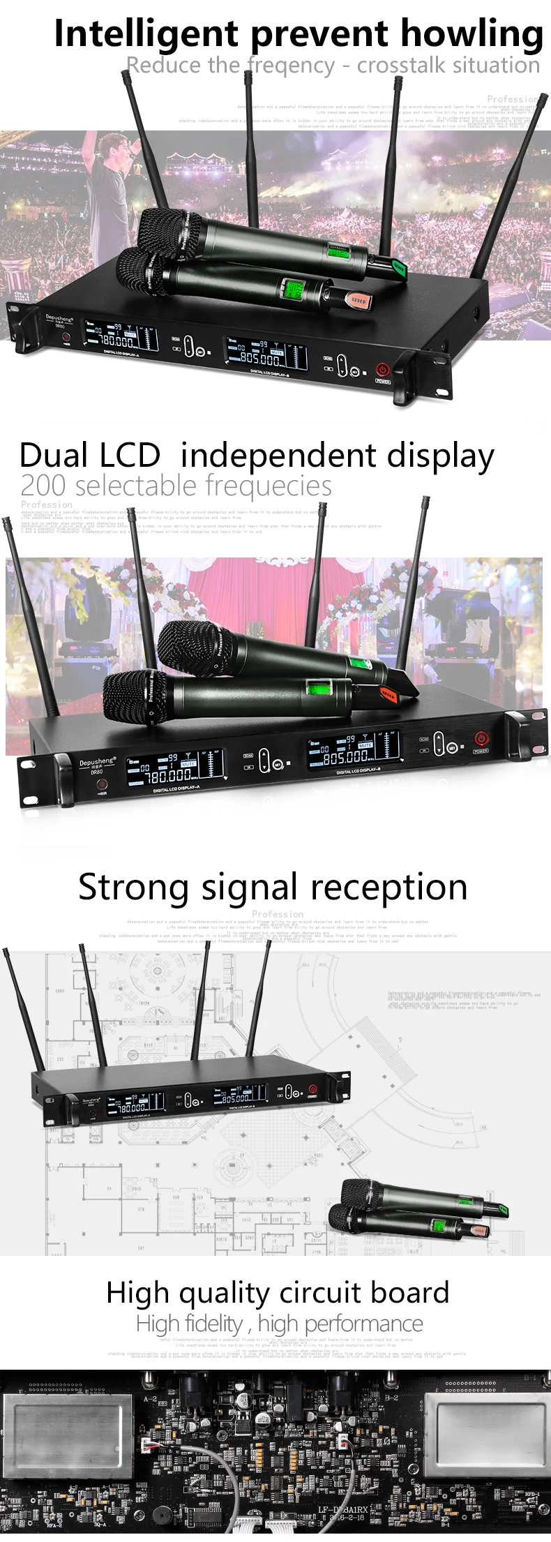 Ture разнообразие UHF беспроводной микрофон DR80 двухканальный четыре антенны приемник Профессиональный для сцены