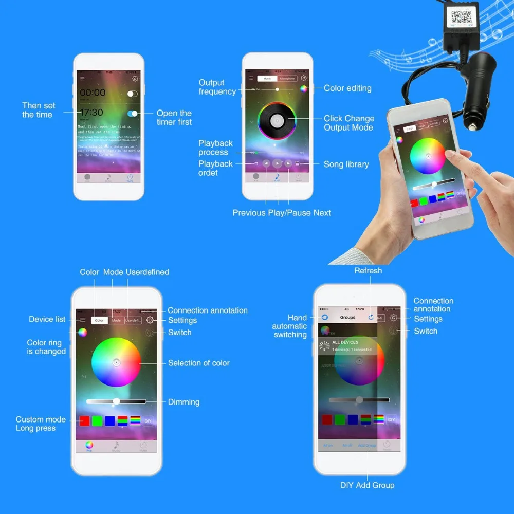 4x Car LED RGB Music Interior Atmosphere Floor Underdash Lighting RGB Music Control Strip Lights Kit Multicolor APP Bluetooth Controller for iPhone Android 2