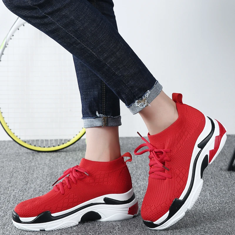 

AGUTZM Breathable High Top Sneakers Women Height Increasing 5 CM Platform Shoes Knit Upper Casual Shoes Woman White / Black/Red