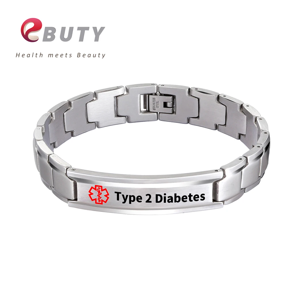 

EBUTY Type 2 Diabetes Bracelets Bangle Fashion Men Stainless Steel Jewelry Silver Health with Gift Box