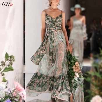 

Draped Spaghetti Strap 2019 summer new sexy V-neck large swing casual dress T-stage show elegant floral dress female summer dres