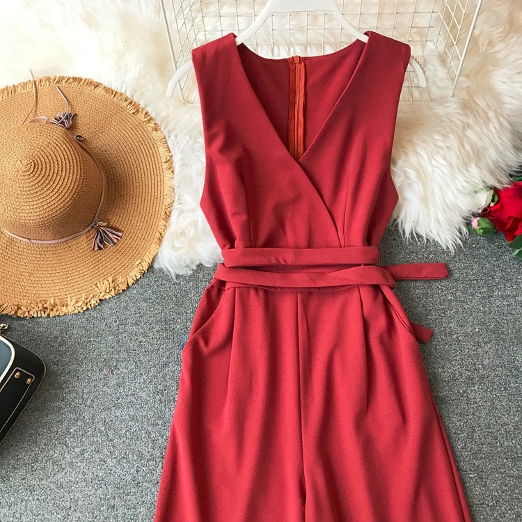 Sleeveless V-neck High Waist Sashes Wide Leg Jumpsuit