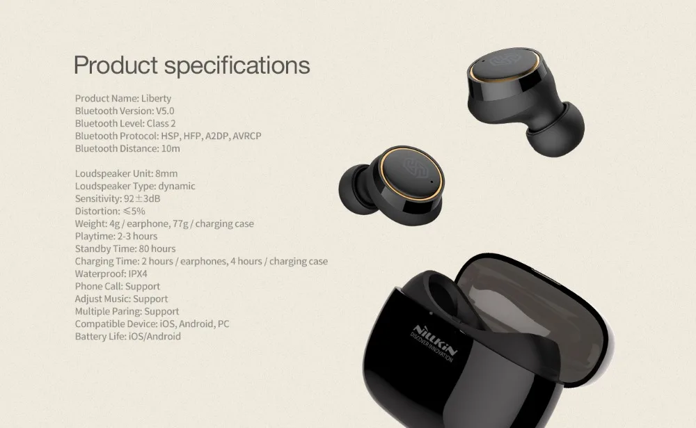 Fone de Ouvido Fone de Ouvido sem Fio Fones de Ouvido Mah à Prova Nillkin Liberdade Água Esporte Estéreo Bluetooth 5.0 sem Fio Chamada Handsfree Ergonômicos Tws 1500 d' 16 D' Água Esporte Fone De Ouvido Estéreo