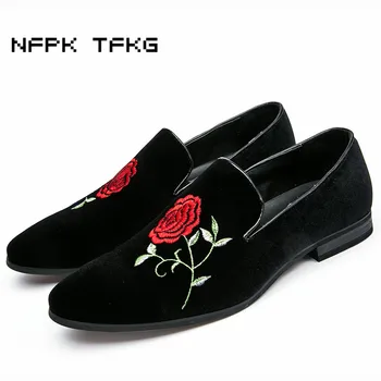 

mens fashion flower embroidery dinner party nightclub dresses cow suede leather summer shoes slip on driving shoe comfort loafer