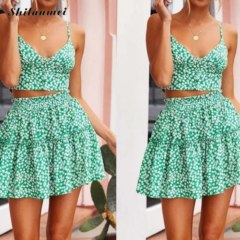 

Boho Dots Skirts Sets Crop Top And Ditsy Floral Ruffles Skirt Set Women Two Piece Outfits Summer Sexy Beach Matching Sets