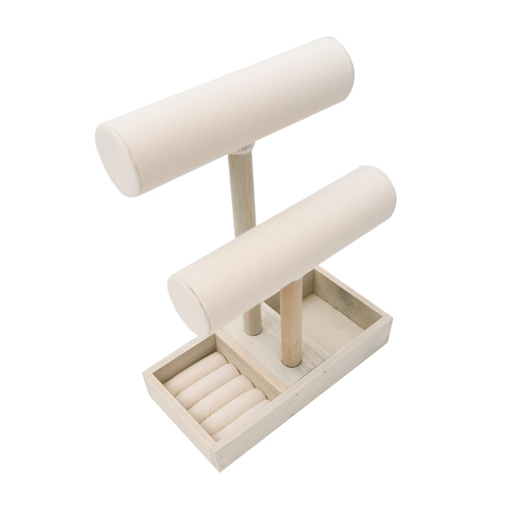 Wooden T Bar Jewelry Stand Bracelet Necklace Display Organizer Rack With Compartments Ring Holder Case Tray