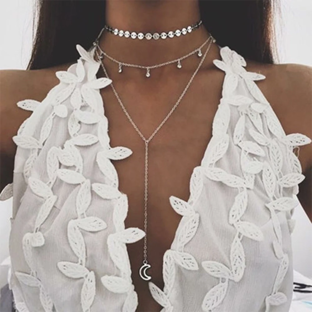 

KISSWIFE Bohemia Multilayer Necklace Wafer Chain Crystal Pendant Moon Necklace Layered Ethnic Women Gift Jewelery