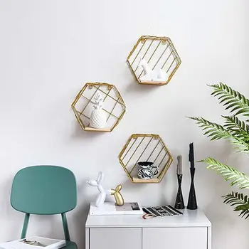 

Creative Metal Grid/Stripe Wall Hanging Shelf Rack Hexagon Convenient Storage Rack Holder Geometric Figure Wall Home Decoration