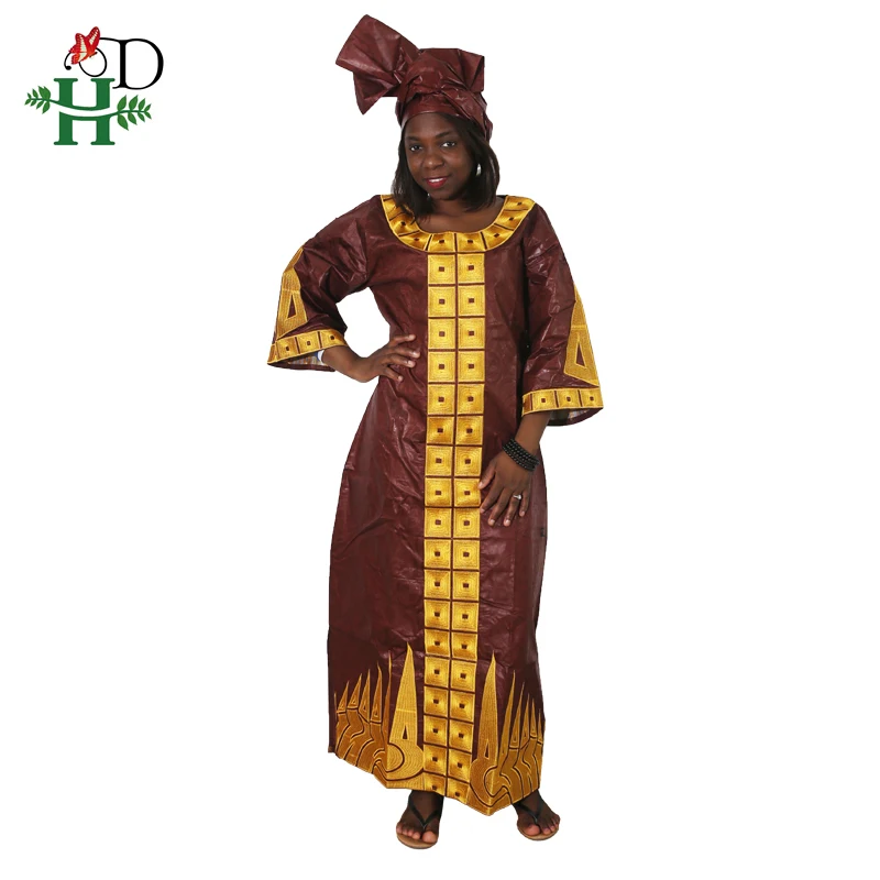 H&D 2022 African Cotton Dress  For Women Bazin Riche Dress Head Wraps African Custom Clothes Dashiki Embroidery Maxi Dresses