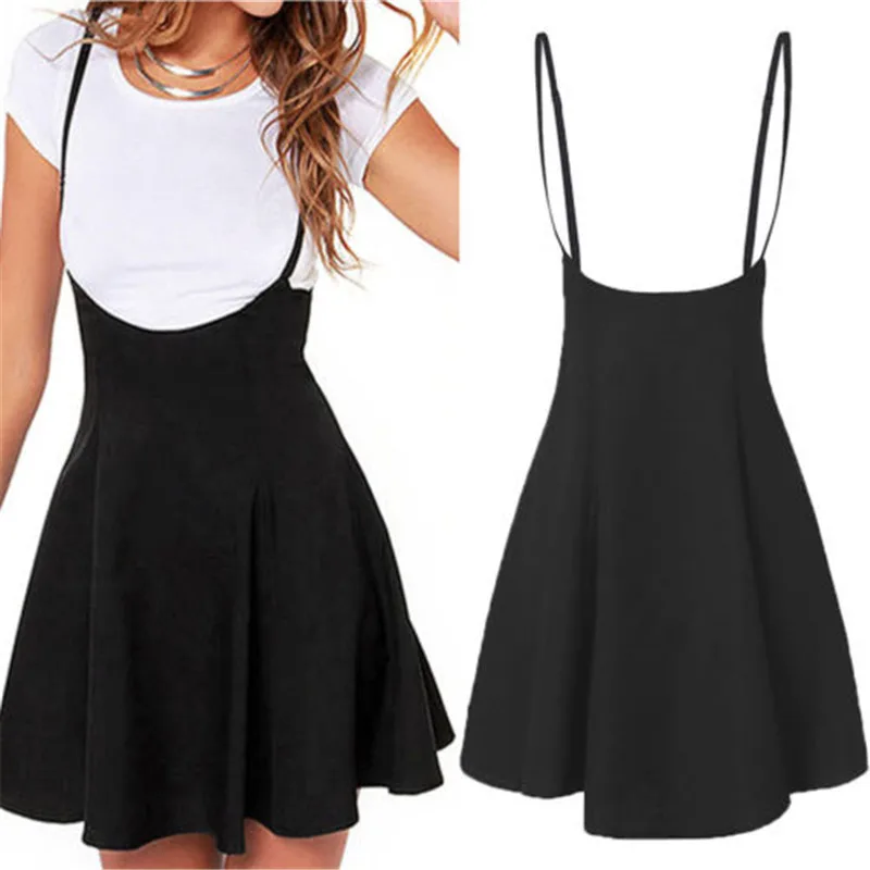 

Summer Fashion Women Ladies Mini Preppy Style High Waist Pure Color Stretch Flared Skater Swing Short Suspender Dress