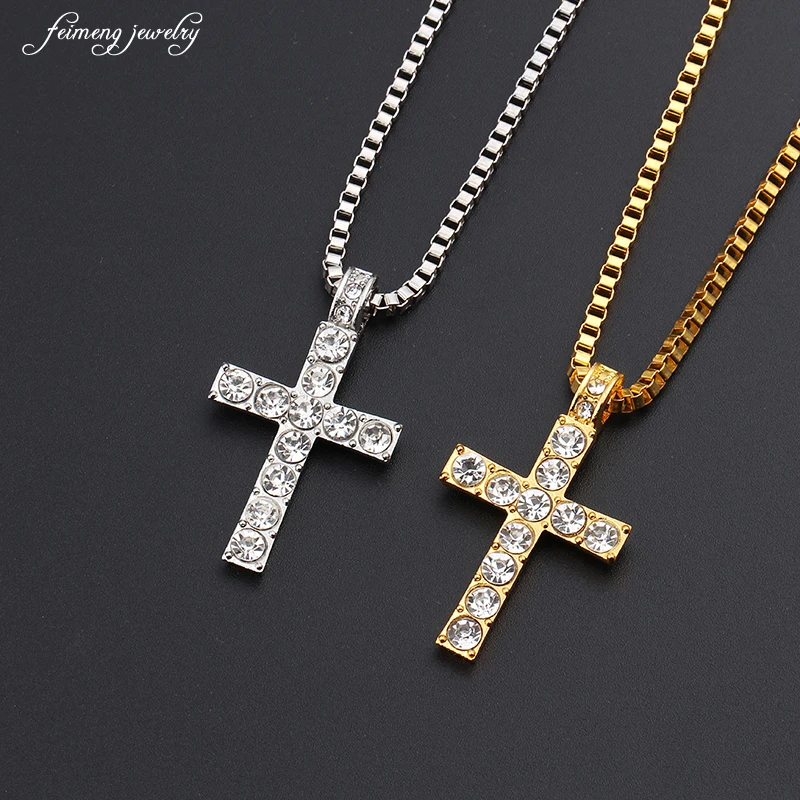 

Hip Hop Alloy Gold Color Cross Pendant Necklace Religious Iced Out crystal Crucfix Necklace Jewely For Men Free Cuban Chain
