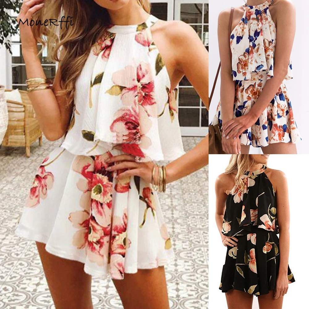 

MoneRffi Summer Womens Floral Print Chiffon Suit Beach Halter Sleeveless Split Clothing Party Short Suit Mujer Fiesta