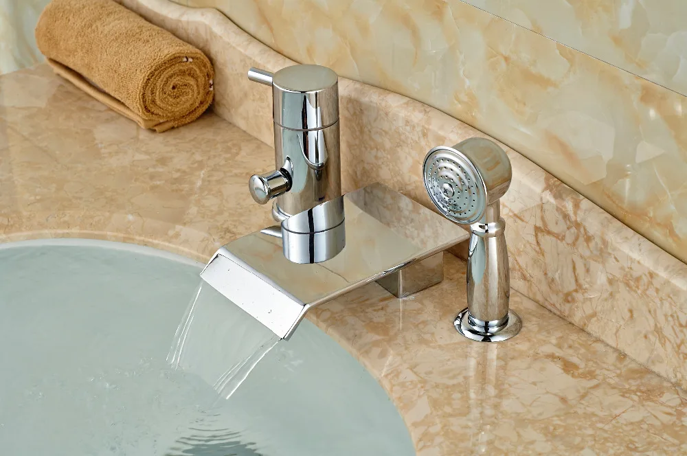 Chrome Brass Square Waterfall Spout Bathroom Tub Faucet 3 pcs Sink Mixer Tap Chrome Brass Square Waterfall Spout Bathroom Tub Faucet 3 pcs Sink Mixer Tap