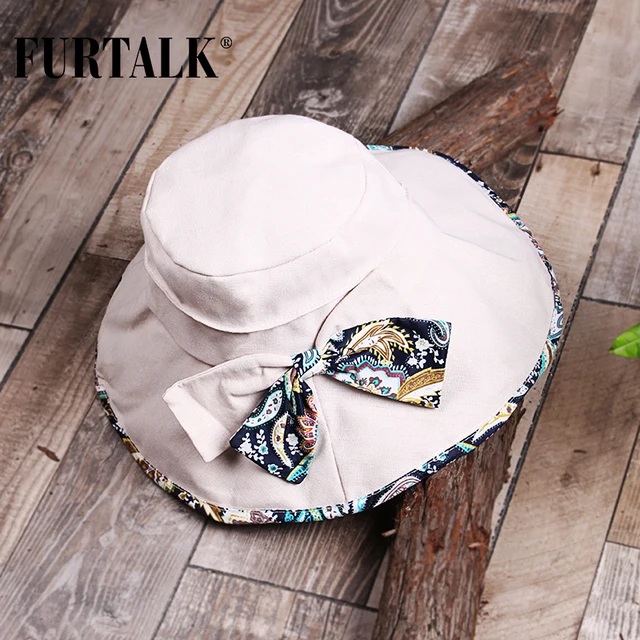 FURTALK Summer Sun Hats for Women Fashion Design Women Beach Cotton Hat with Big Bowknot Foldable Brimmed Bucket Hat for Fishing