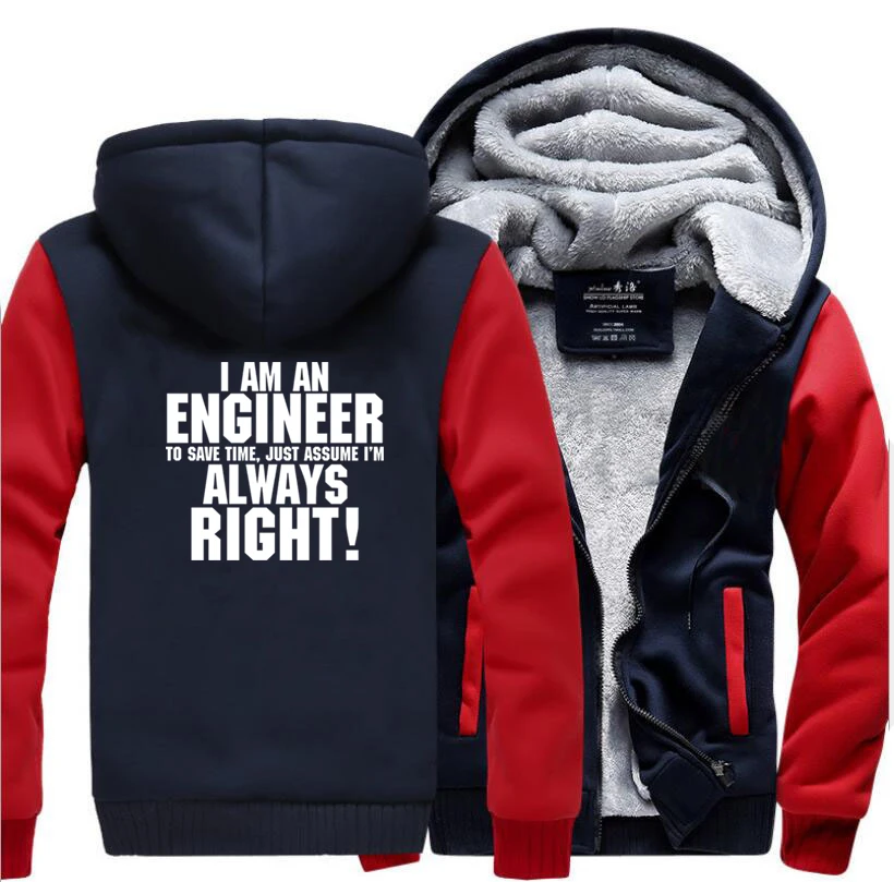 

HAMPSON LANQE I'm An Engineer-I'm Always Right Funny Hoodies Men 2019 Winter Warm Sweatshirts Mens Thick Hoodie Hip Hop Jacket