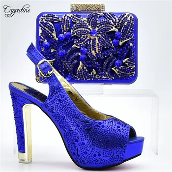 

Beautiful royal blue Italian design high heel pumps shoes and evening handbag set with shinning stones XY13