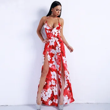 

Halter Backless V-neck Print Slit Jumpsuit Fashion Hot sale Elegant Holiday sexy Women celebrity body con jumpsuits wholesale