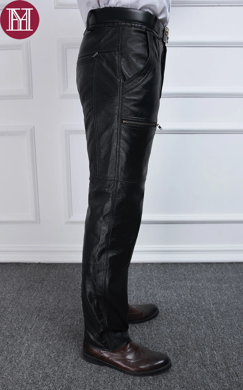 Мужские брюки из натуральной кожи, мужские черные длинные дышащие мотоциклетные брюки, Новая мода, штаны из натуральной кожи с карманом