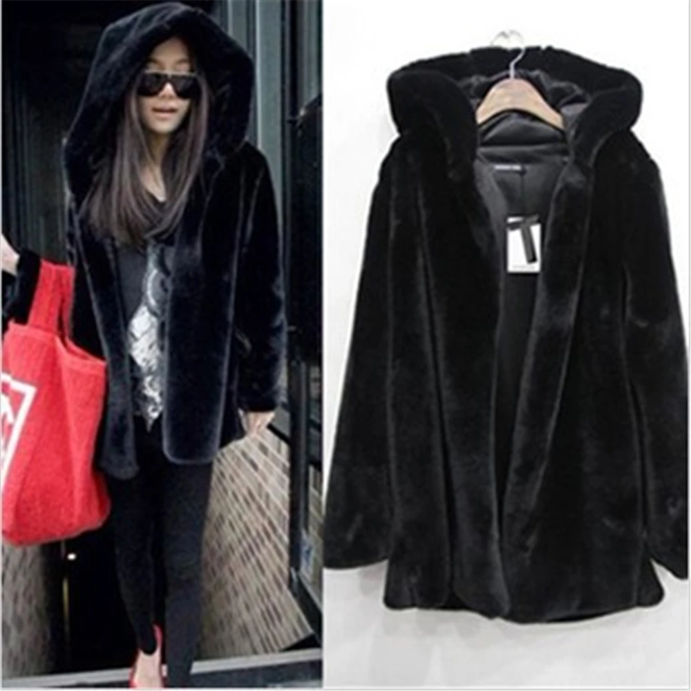 Зимнее теплое пальто из искусственного меха с капюшоном для женщин, повседневное Свободное длинное черное пальто из искусственного меха