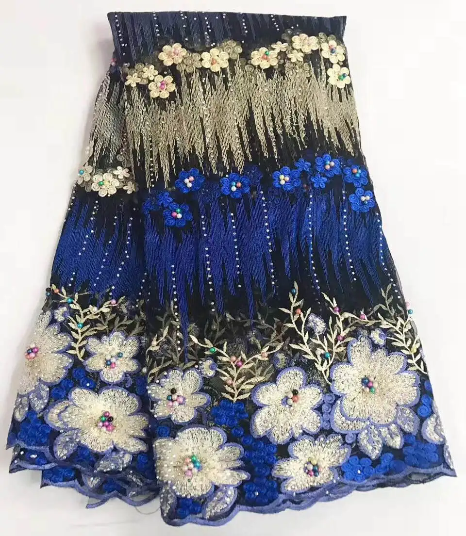 High Quality 2017 Tulle Rhinestone Beaded African Lace Fabric Pearls Guipure Embroidered French Nigerian Lace Fabrics