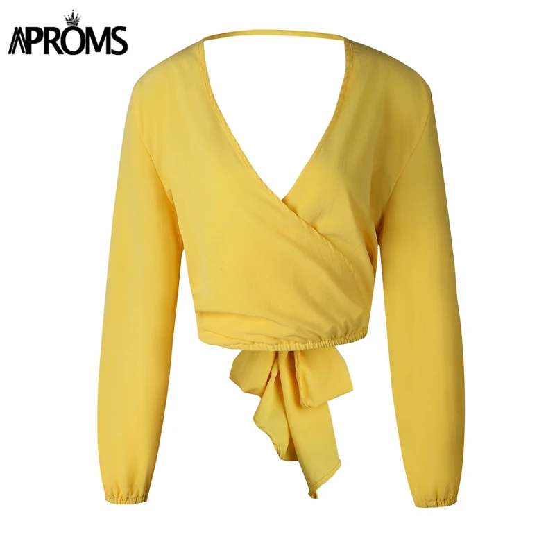 Aproms Deep V Neck Chiffon Blouse Women Sexy Backless Bow Tie Loose Tops Female Shirt Elegant Streetwear Summer Crop Top Blusas