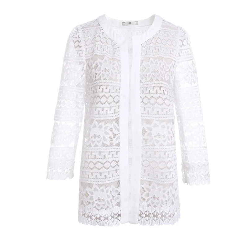 Black White Hollow Out Slim Solid Lace Shirt Jacket in Coats & Jackets