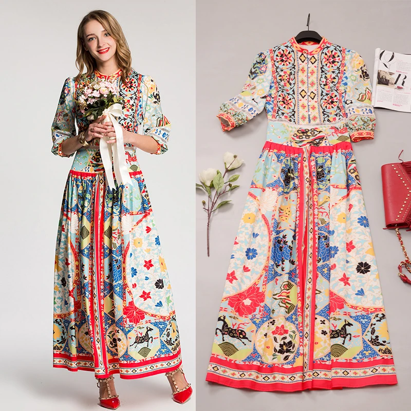 

Newest Fashion European American Style Summer Women Dresses Lantern Sleeve Floral Printed Runway Prairie Chic Plus Size Dress