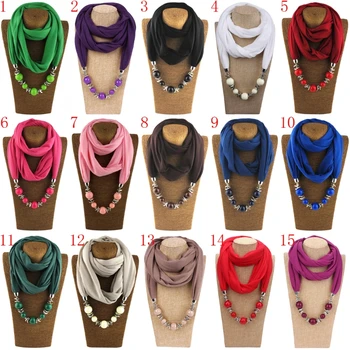 

Womens Fashion Neckerchief Ring Scarf Necklaces Beads Solid Color Jewelry Shawl